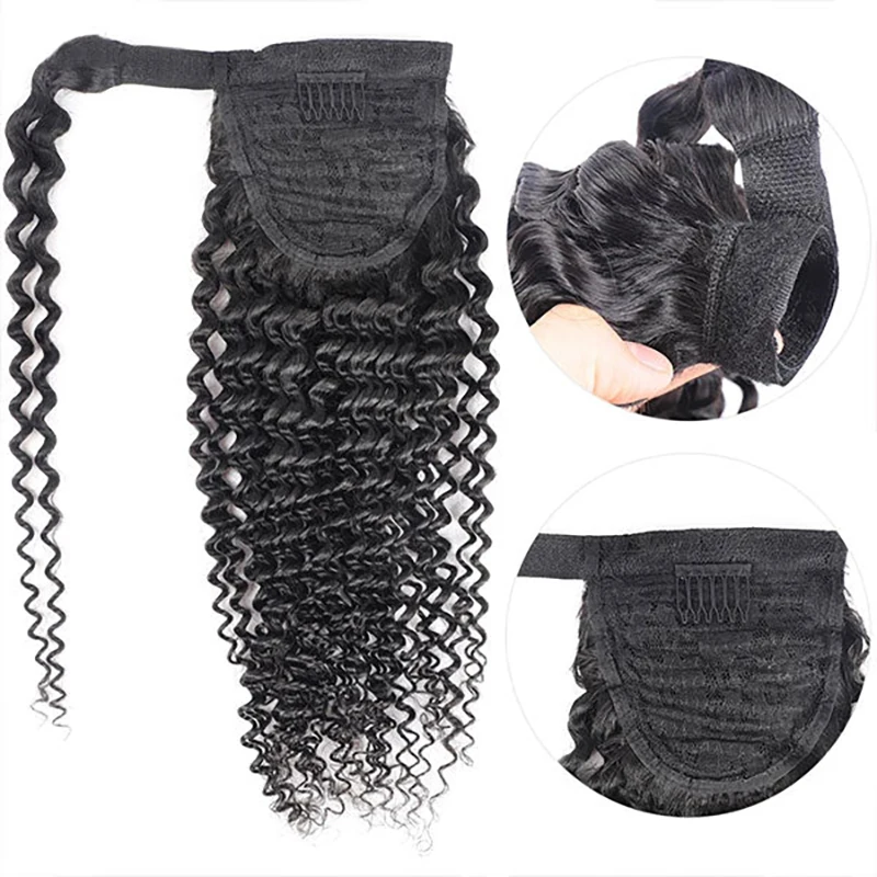 Wrap Around Ponytail Deep Wave Human Hair Clip In Ponytail Extensions Deep Curly Natural Color Hair Extensions For Black Women