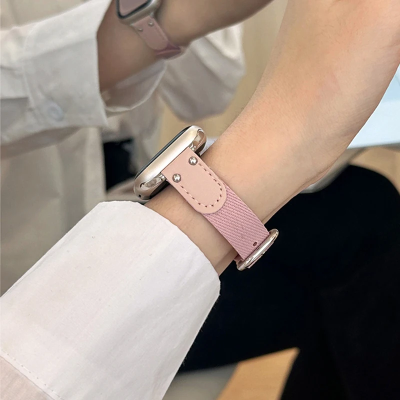 Cute Nylon Leather Pink Strap For Apple Watch 9 8 7 6 SE 5 4 3 Girl Stylish Wristband For iwatch Strap 49MM 45 44MM 38 40 41 MM