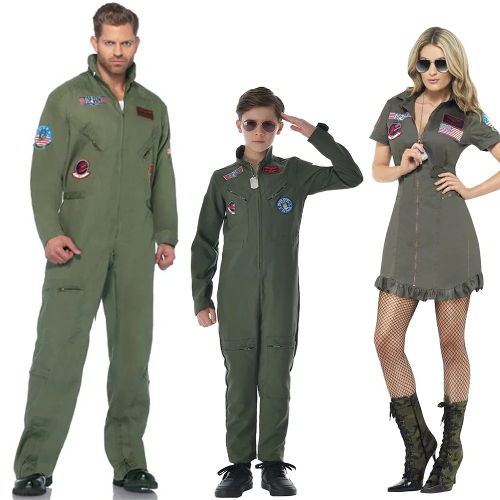 Women Top Gun Flight Fancy Dress Up 2024 Kids Pilot Costume Halloween Party Men Fighter Pilot Costume Jumpsuit  Purim