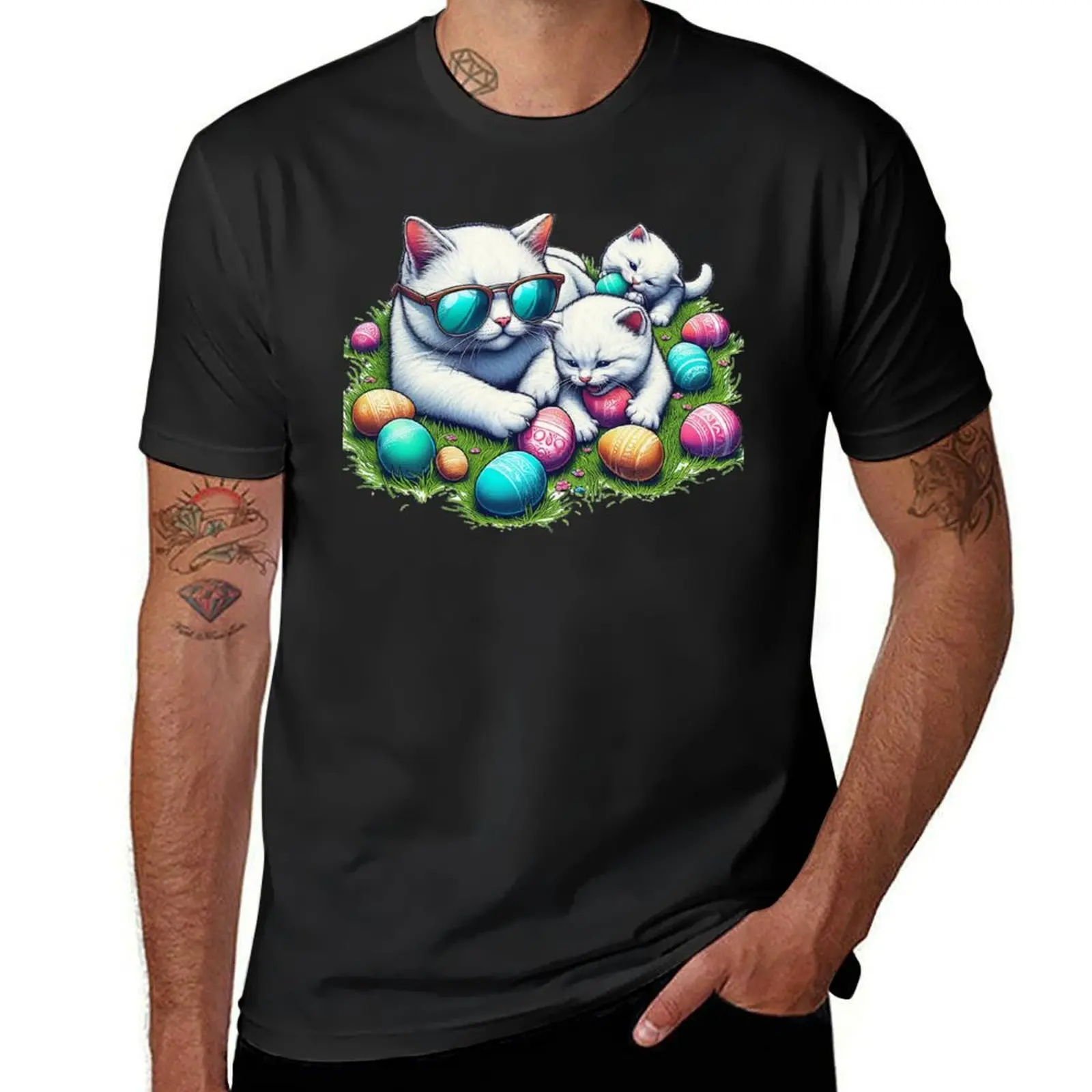 

joyfully playing and scattering Easter eggs around. mother cat as well, T-Shirt korean fashion funny t shirts for men