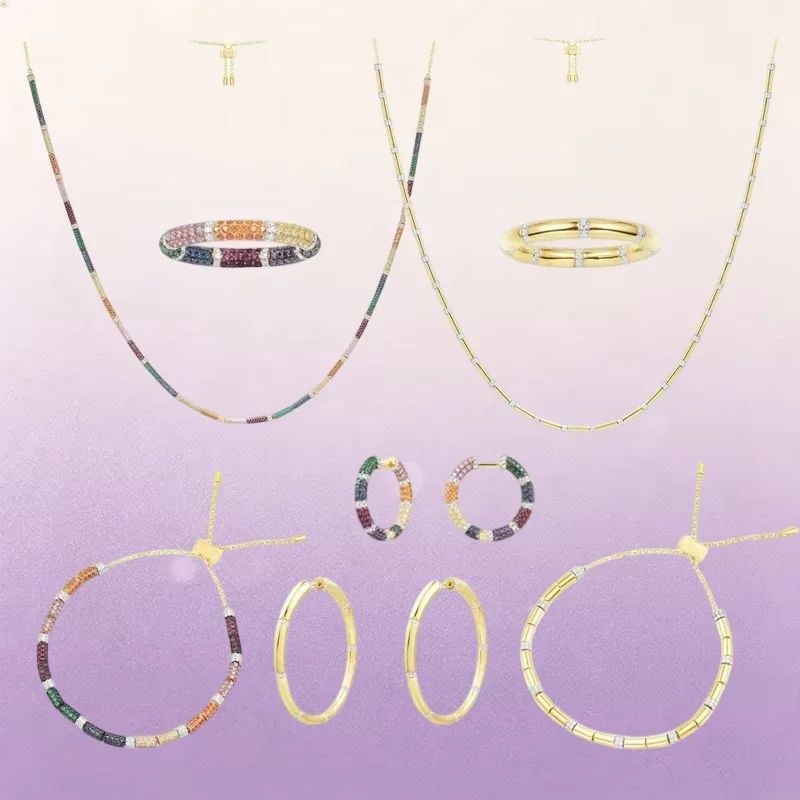 ZPFF S925 Sterling Silver Golden Rainbow Segmented Ring Earrings Bracelet Necklace Women Tribal Bohemian Style Classics Jewelry
