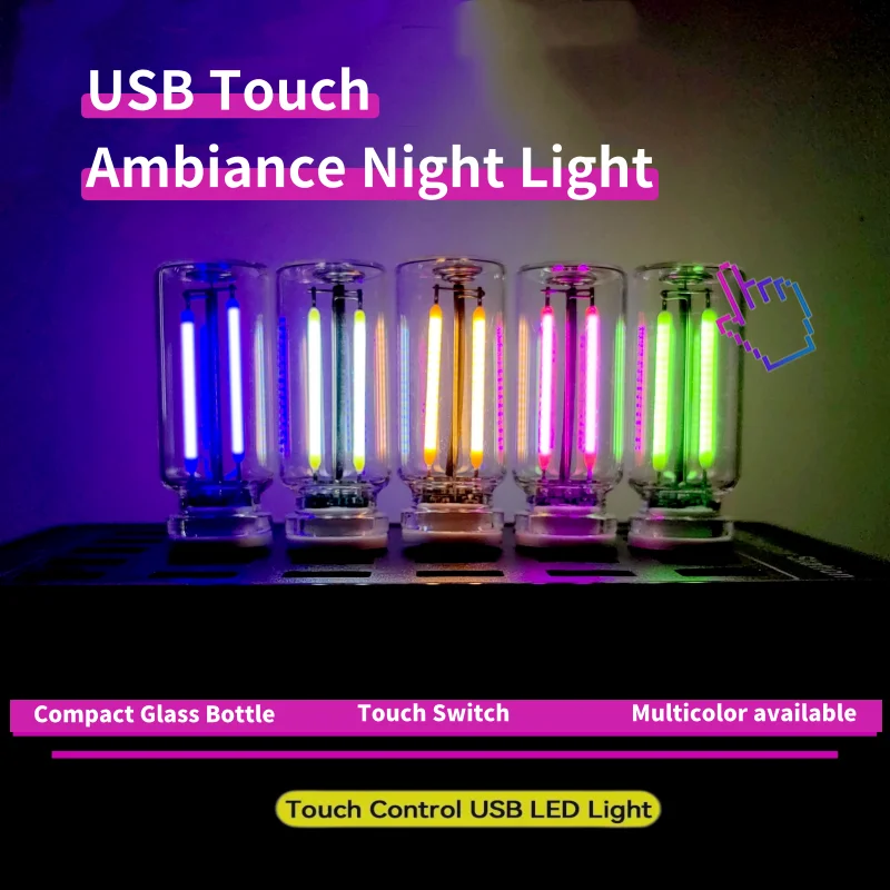 Car USB Night Light Touch Dimmable LED Filament Lamp Portable Lighting Plug and Play Decorative Atmosphere Light for Car Bedroom