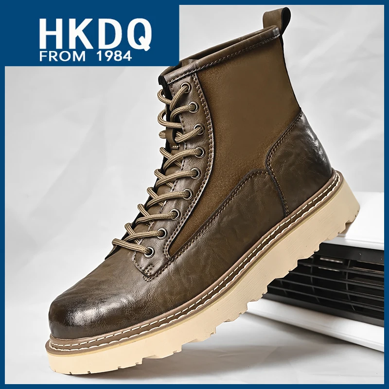 HKDQ High Quality Leather Ankle Boots For Men England Style High Top Platform Boots Man Fashion Casual Khaki Men's Tooling Boots