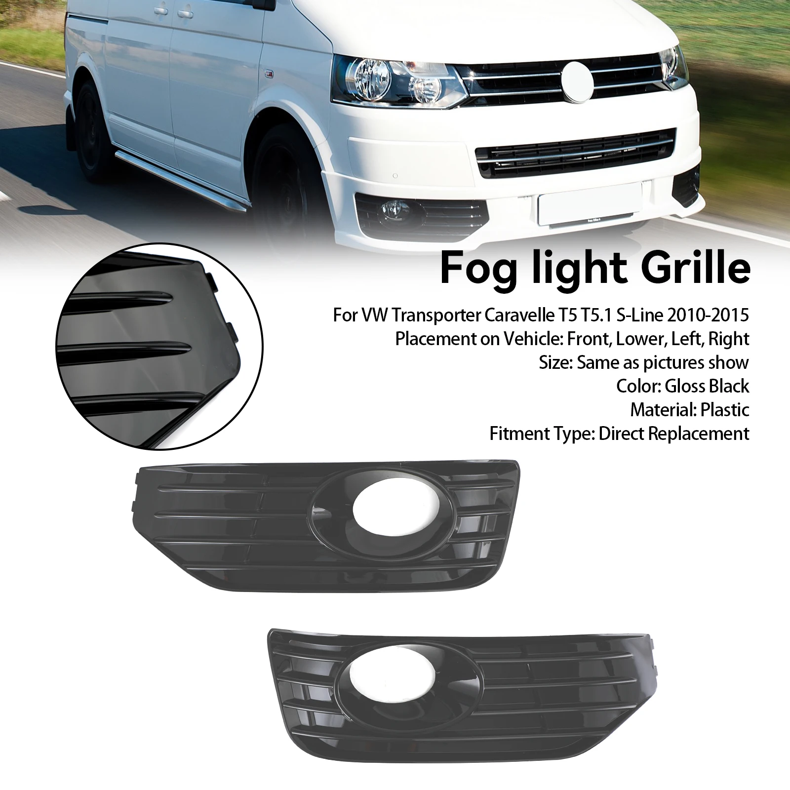 Artudatech Fog Lamp Light Cover Insert S-line Grille Fit VW T5 T5.1 2010-2015 Gloss Black