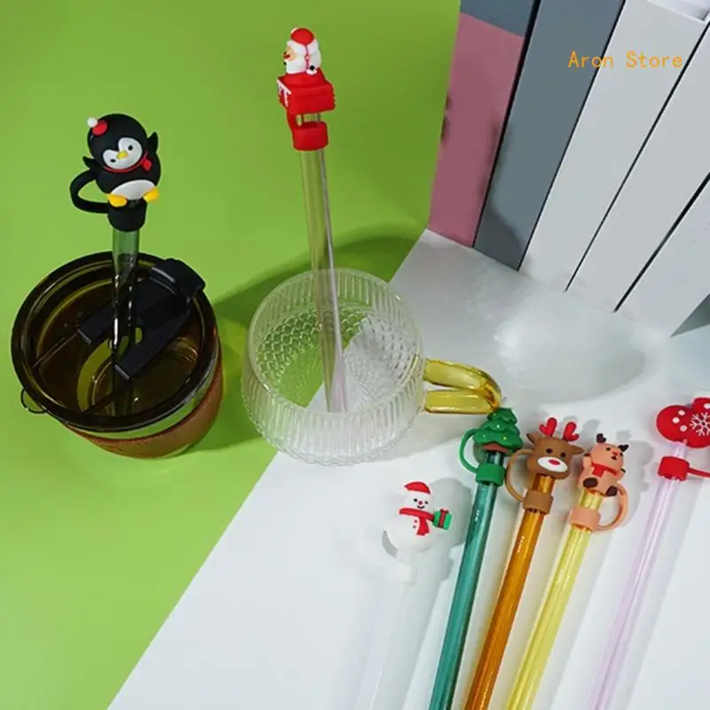 Durable Straw Covers Set, Portable, Dustproof, Toppers Lid, Christmas Cartoon, Tip Party Supplies, H3CF, Set of 7