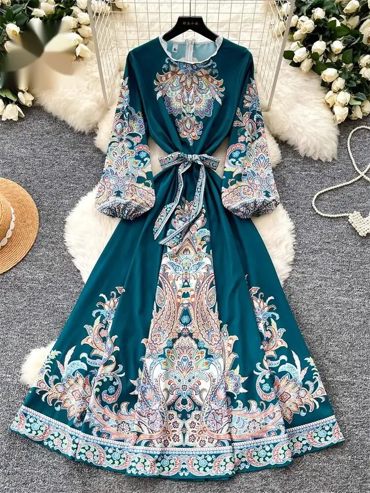 Ethnic Style Artistic Print Dress Spring Lantern Sleeve O Neck Classic A-line Women Luxury Vintage Vacation Long Dress