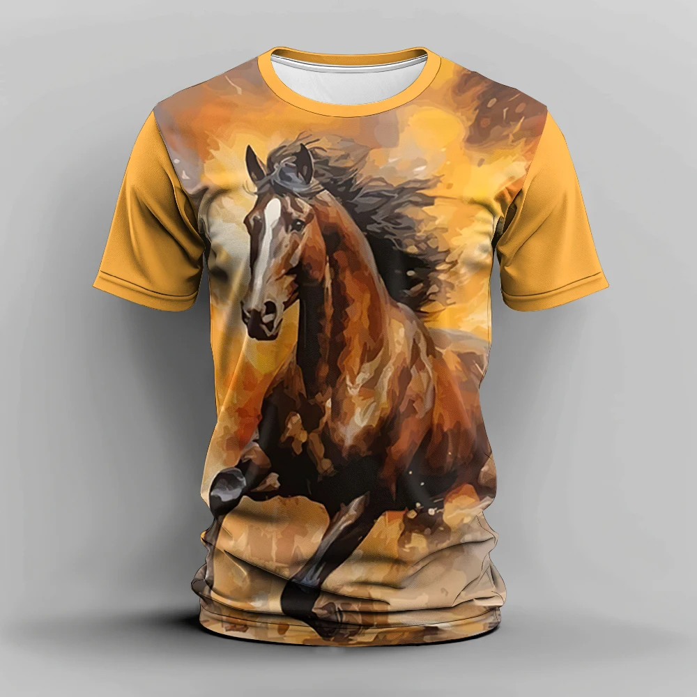 Summer Men's Horse pattern Print 3D T-Shirt Fashion Retro Casual Street Crew Neck Short Sleeve Animal T-Shirt Oversized Clothing