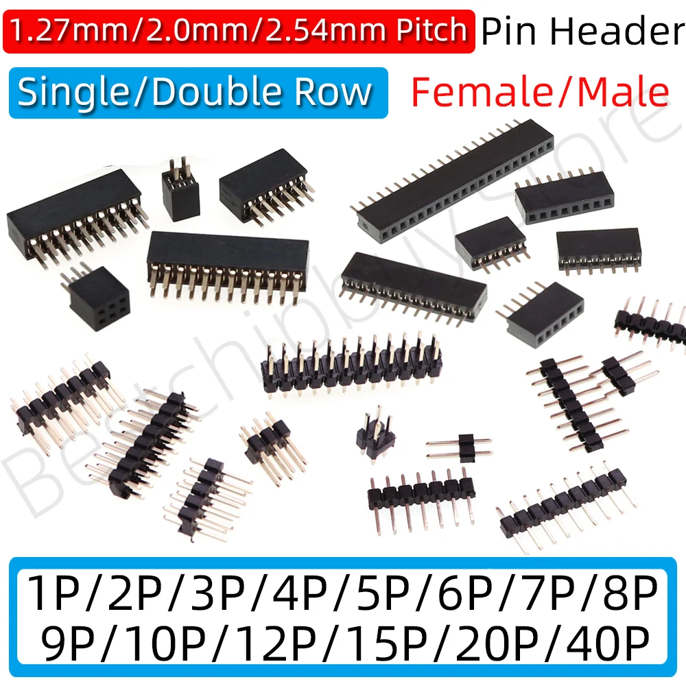 10pcs Pitch 1.27mm 2.0mm 2.54mm Double Single Row Female Male Pin Header Socket 2p 3p 4p 5p 6p 7p 8p 10p 20p 50P 40p Connector