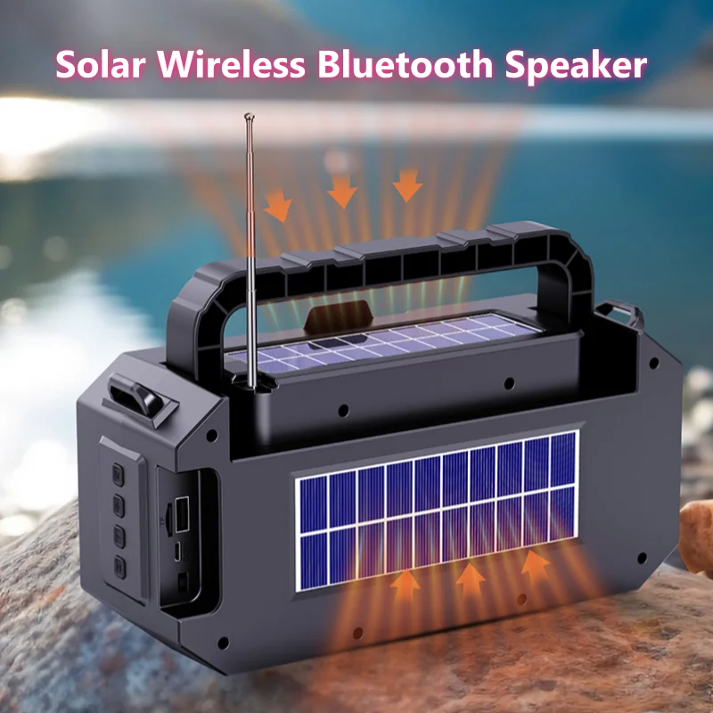 

Беспроводная Bluetooth-колонка на солнечной энергии с двойным питанием, перезаряжаемая, с фонариком, поддержкой TF/USB, MP3-плеер, аудиосистема, FM-радио
