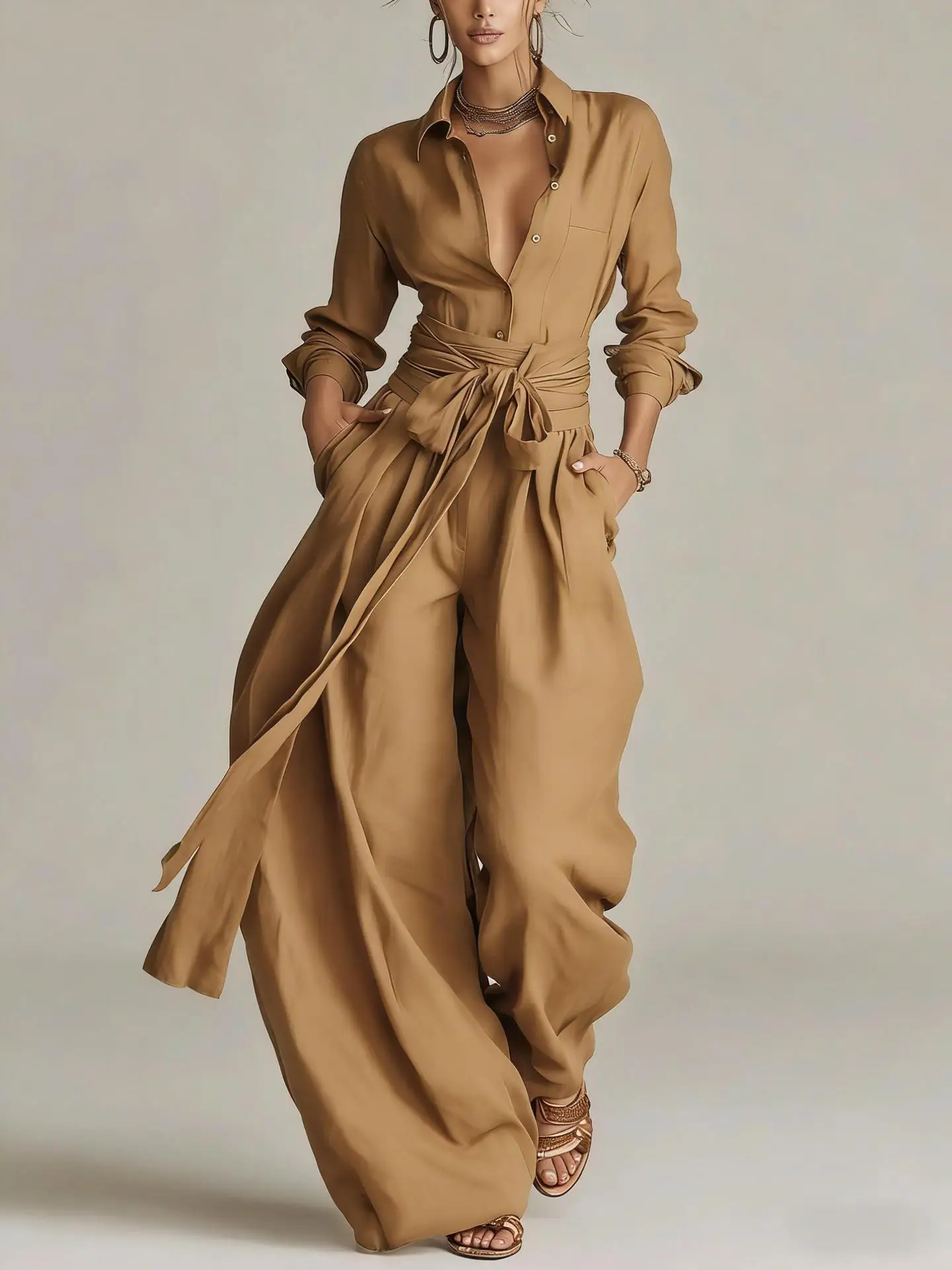 Women Brown Jumpsuit  Outfit Lapel Long Sleeve Button Shirt High Waist Belt Tie Wide Leg Pants Elegant Office Vacation Jumpsuits view 2