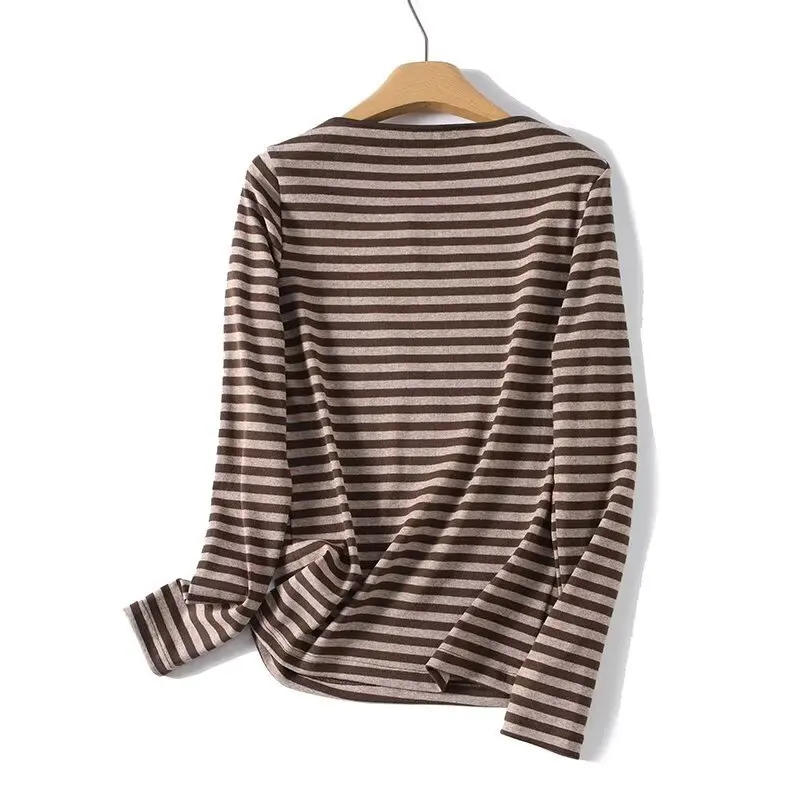 Maxdutti Nordic Minimalist Striped T-shirt Woman Clothes Female Clothing Boat Neck Cotton Blend Slim Fit Long Sleeved T-shirt To