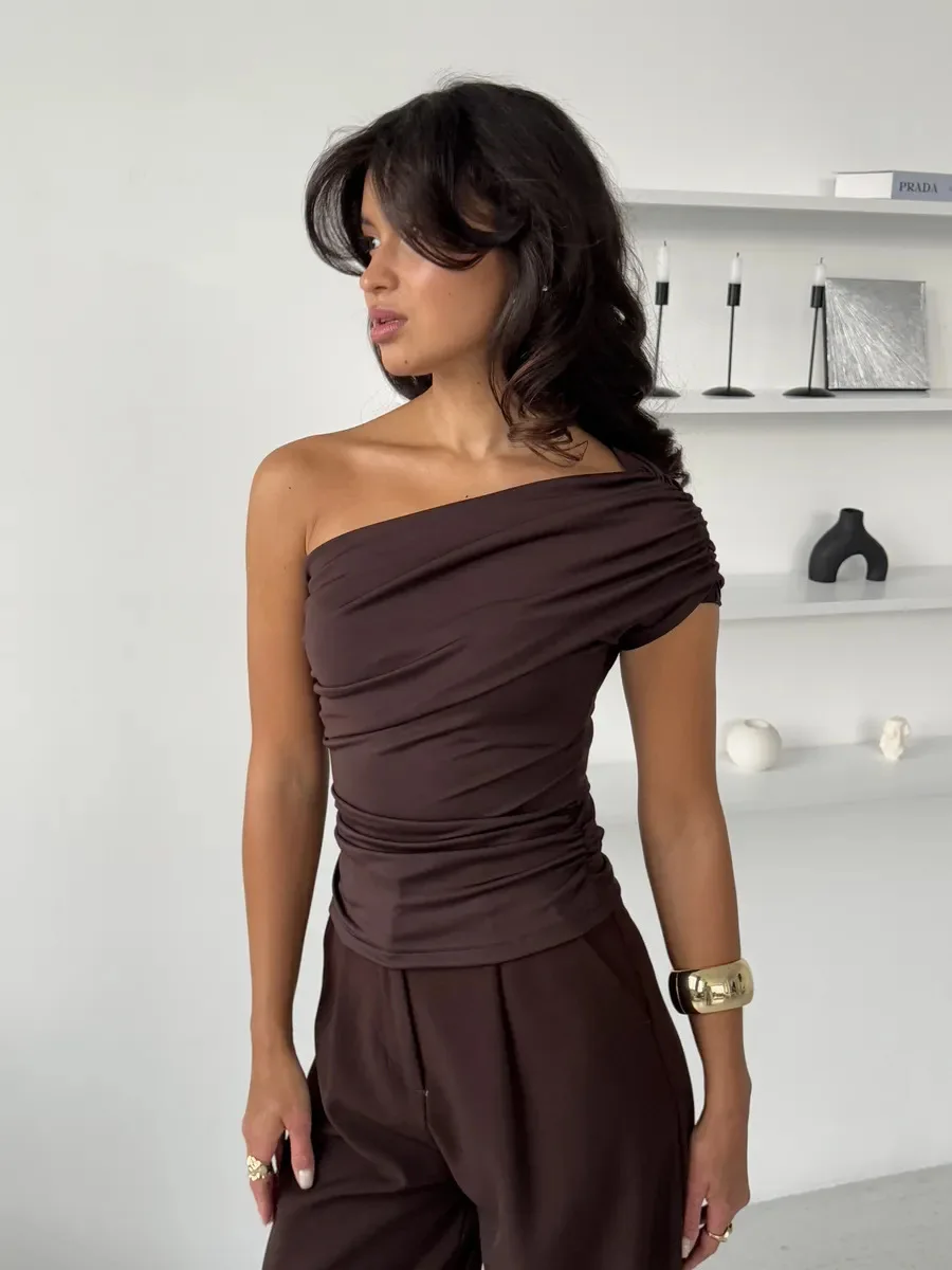 

90s Women's Summer Elegant Asymmetric Slim Crop Top Summer Sexy Skew Collar Off-shoulder Casual Temperament Solid Color T-Shirts