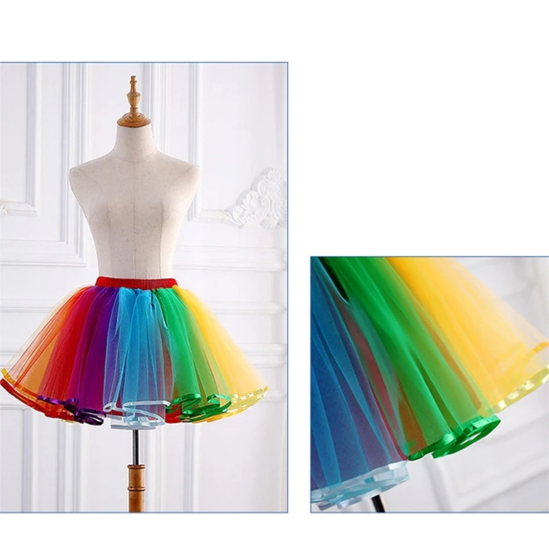 Vrouwen Hoge Taille Geplooide Mesh Midi Rok Regenboog Rok Gelaagde Tule Rok P8DB