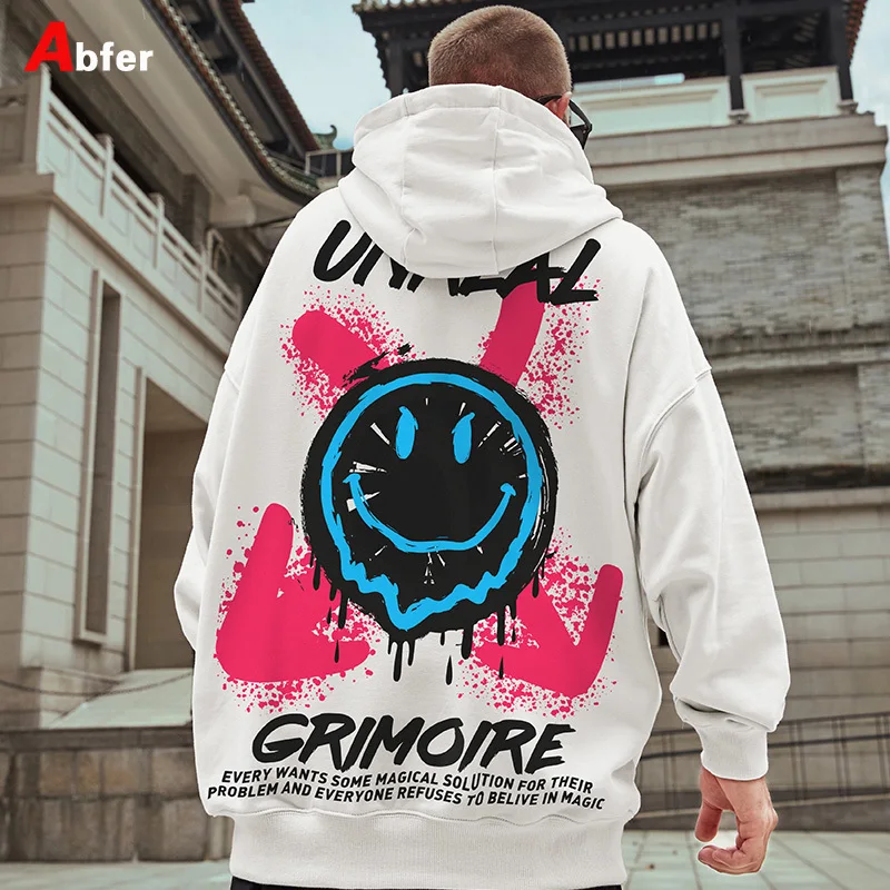 Abfer Men's Hoodies Oversized Hoodie Smiley Graffiti Sweatshirt Streetwear Autumn Hooded Sweatshirts Harajuku Hippie Clothes