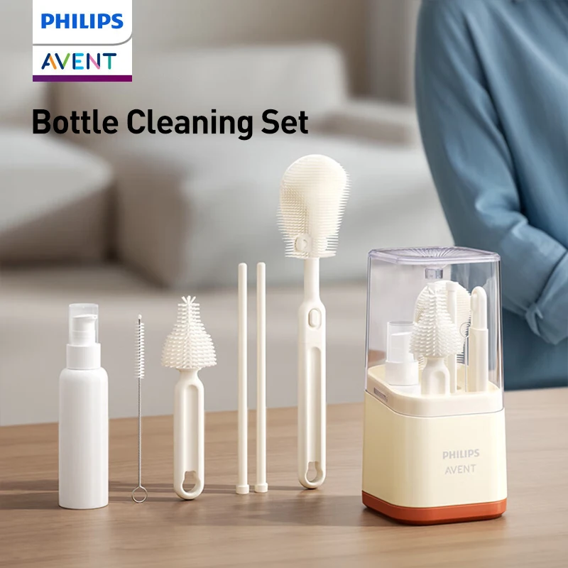 Set de Limpieza para Biberones Avent, Incluye Cepillo para Biberón, Cepillo para Tetinas, Limpiador de Pajitas, Escurridor y Caja de Almacenamiento, Libre de BPA