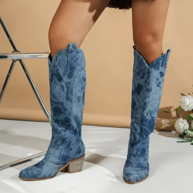 Shoes for Women 2023 New Blue Denim Women's Knee-high Boots Comfor Mid-heel High Boots Winter Female Shoes Botas Largas De Mujer