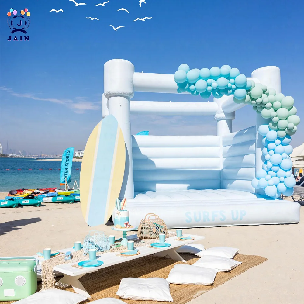 Ice Ice Baby Light Blue Inflatable Bounce House Jumping Castle for Kids and Adult, White Bouncy Castle with Blower for Festival