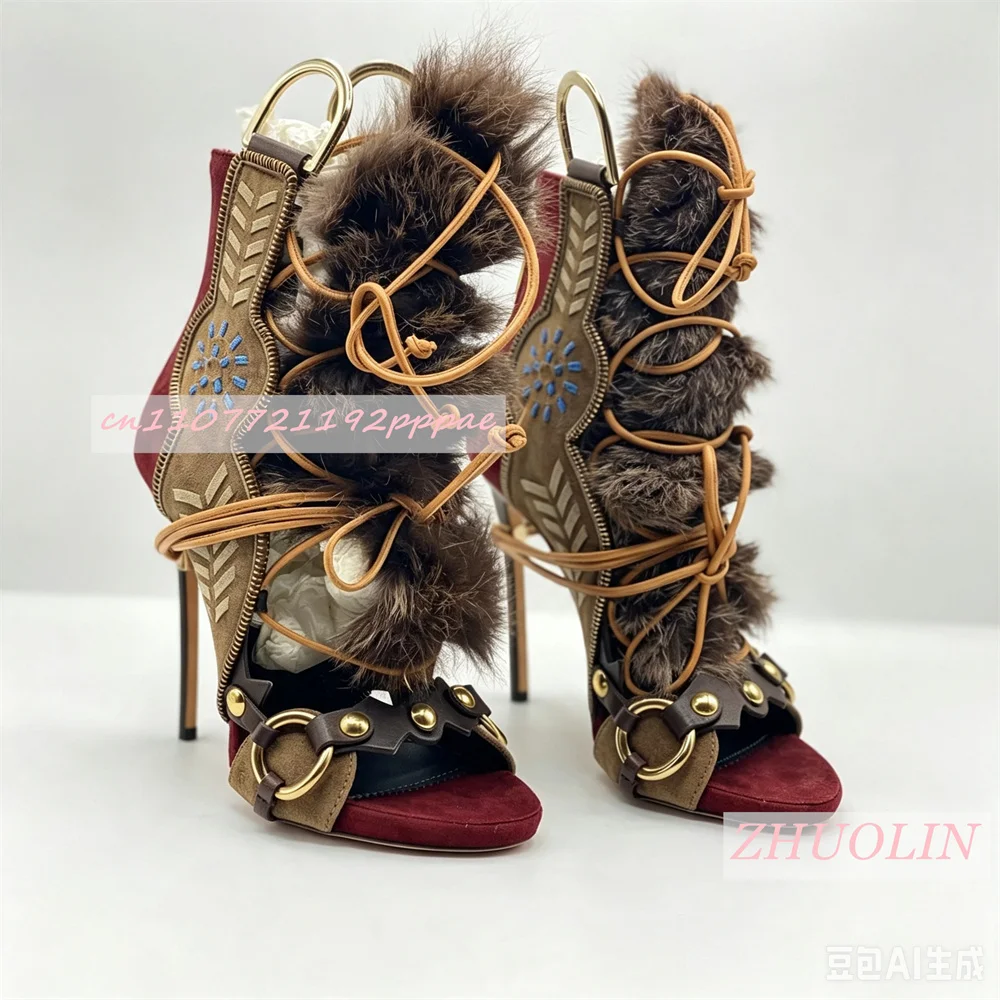Women Burgundy Open Toe Heels Lace Up Strappy Sandals Stiletto Heel Faux Fur Detail Metal Buckle Party Fashion Evening Shoes 46