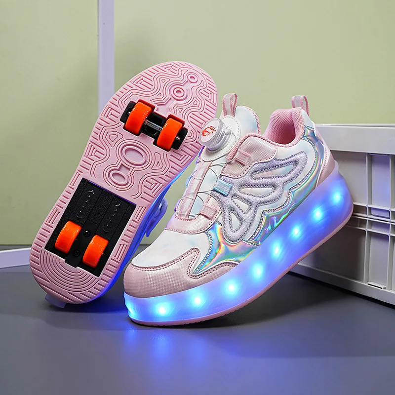 Children Invisible Button Four-wheel Roller Skates with LED Light Students Flying Shoes Girls Fashion Sneakers