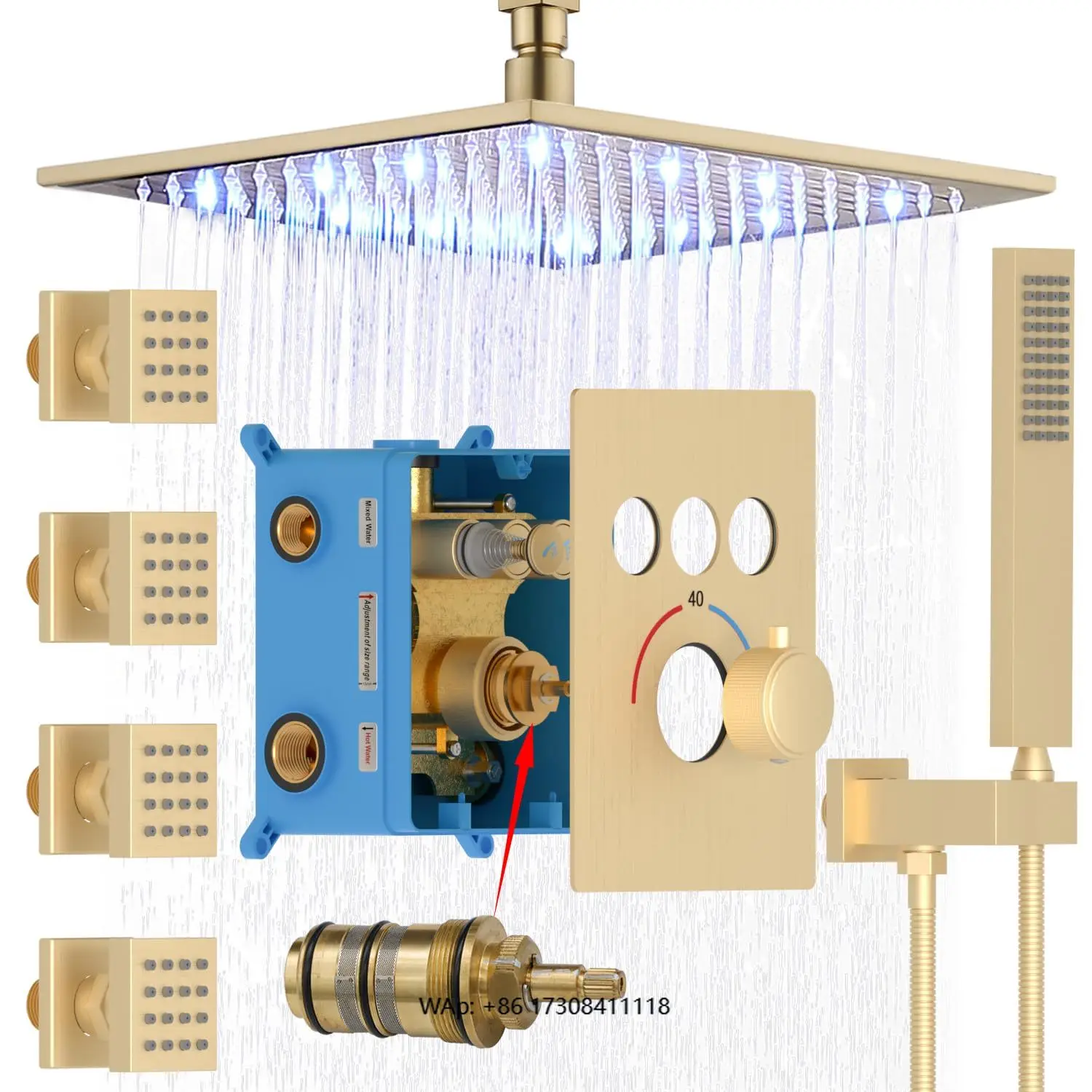 Regenduschsystem aus gebürstetem Gold, 12-Zoll-Decken-Regenduschkopf mit Körperdüsen, thermostatisches modernes Dusch-Kombi-Set