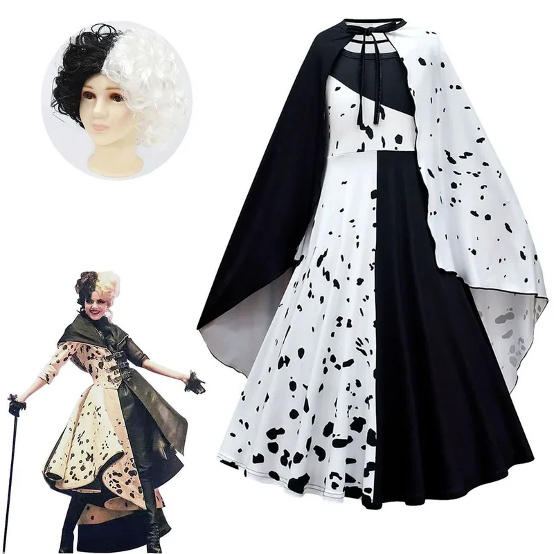 101 Loyal Dog Black and White Witch Cruella De Vil Dress up Costumes Kids Cosplay Halloween Costume Girls Party Dress Cloak Wig