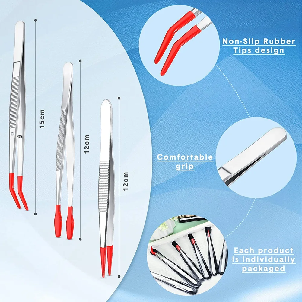 6Pcs Tweezers with Rubber Tips Set Soft PVC Rubber Coated Tips Bent and Straight Flat Tip Precision Bent Long Tweezers