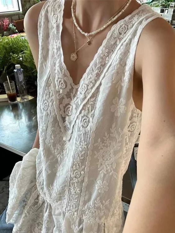 Gonna bianca asimmetrica in pizzo Gilet Dr Dongda Gate Small Cro Patchwork Ricamo Faion da donna estivo lavorato a maglia Dr