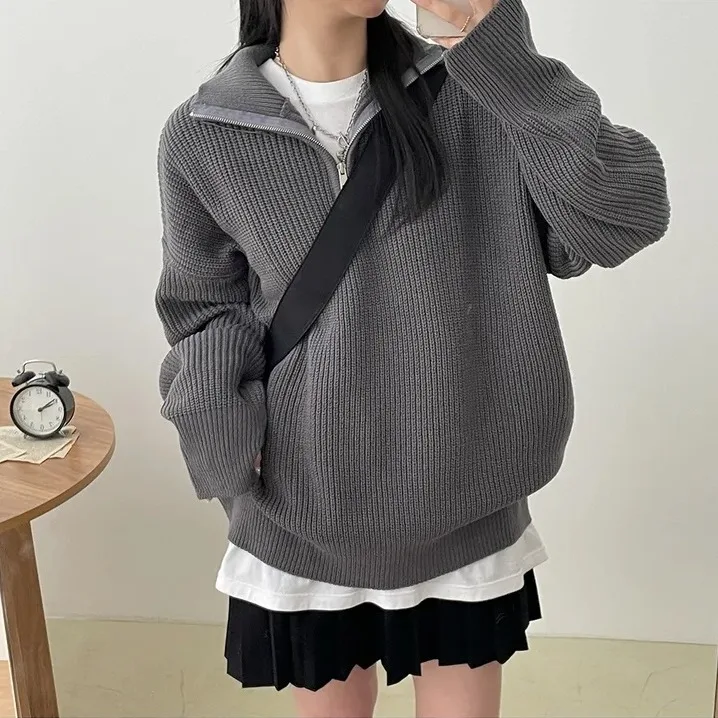 

Стильный осенне-зимний свободный свитер на молнии для женщин, универсальный, средней длины, вязаный, для кампуса, улицы, активного отдыха