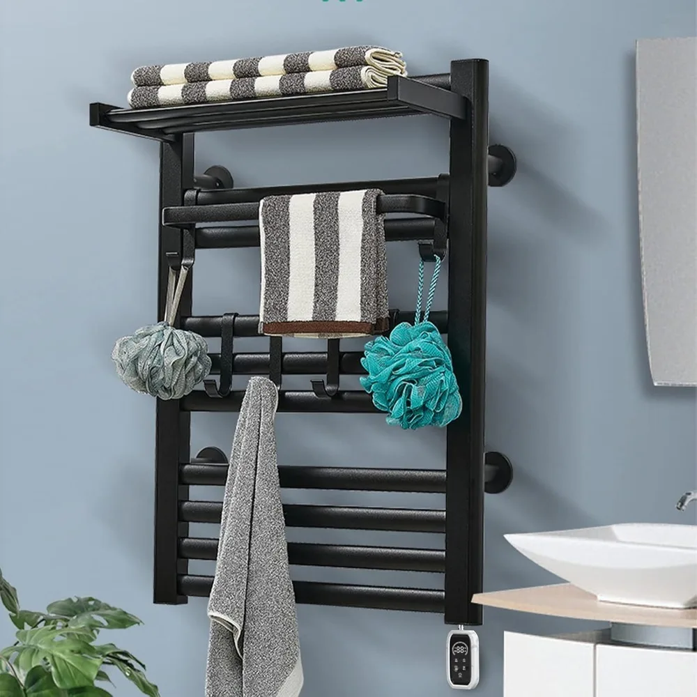 

27.56x19.68x7.87 Inch Heated Towel Rail, Warm Towel Dryer with Timer, Wall-Mounted Bathroom Towel Warmer Rack, Black
