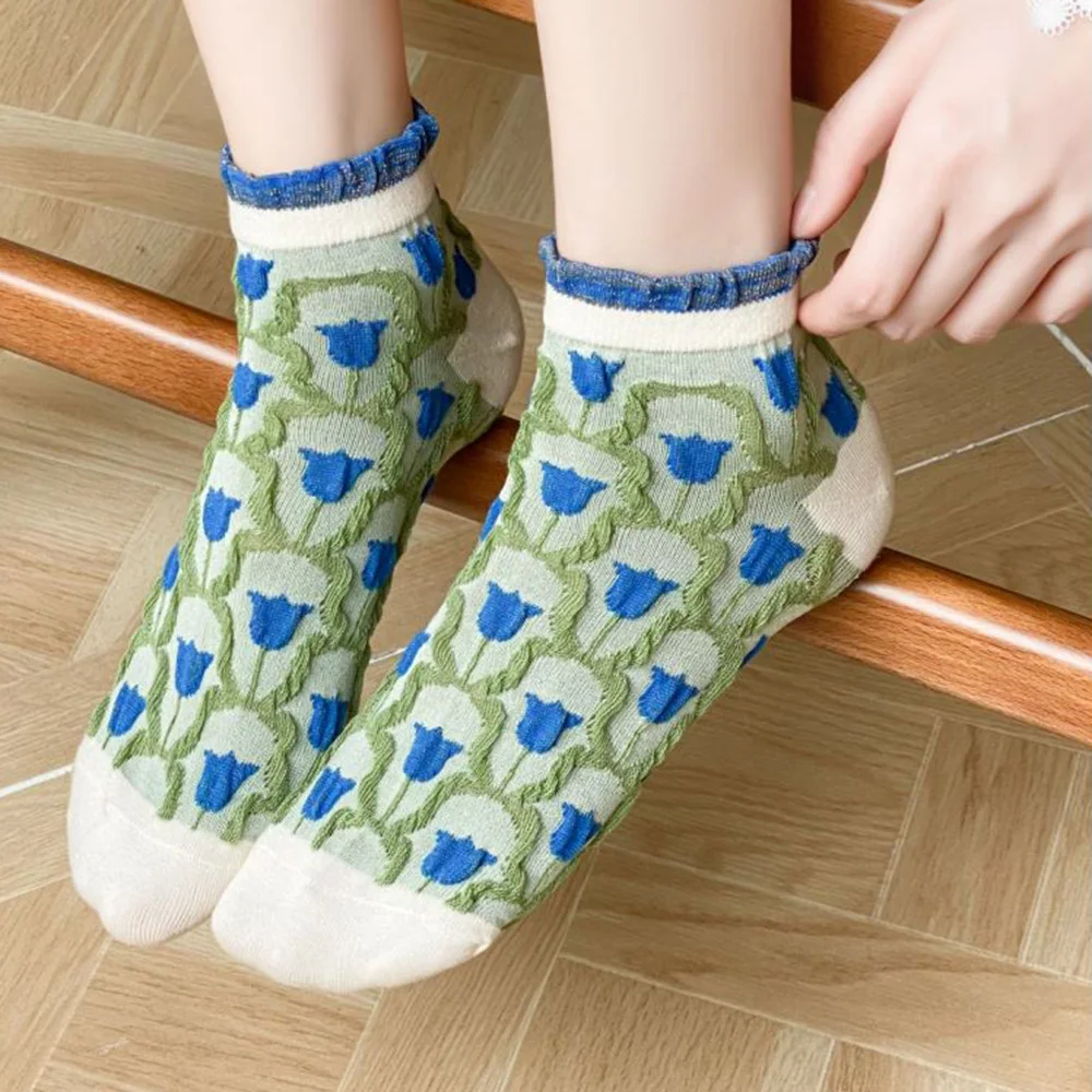 5 Pairs/Lot Korean Style Women Socks Short Fashion Frilly Ruffle Socks Cute Flower Print Sokken Spring Summer New Calcetines
