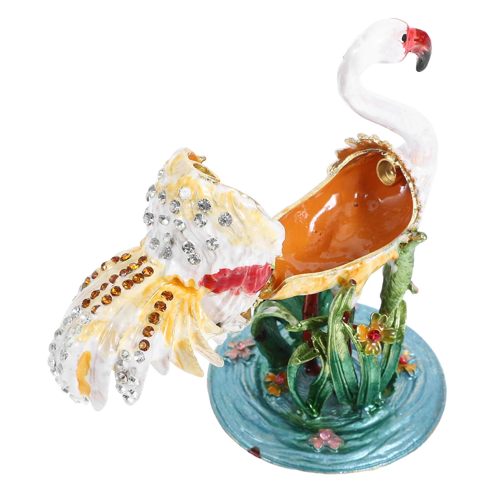 Vintage Metal Flamingo Jewelry Box Hand Painted White Enamel Ring Earrings Organizer Trinket Keepsake Home Decor