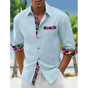 Men's Linen Casual Shirt Loose Patchwork Color Long Sleeve Turn Down Neck Hawaii Tops Streetwear Leisure Shirts For Male Clothes