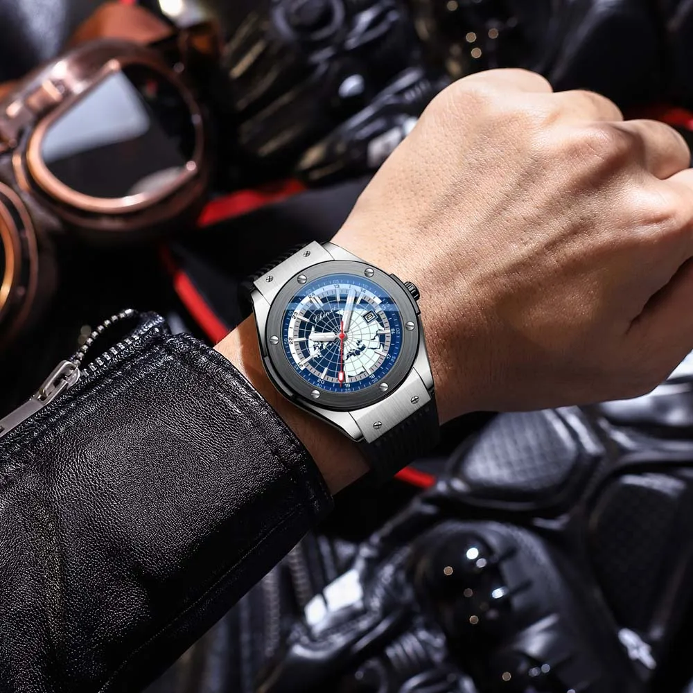 CHENXI Rivet Map Fashion Men's Watch with Date, Luminous Silicone Strap, Trendy Quartz Wristwatch relojes para hombres