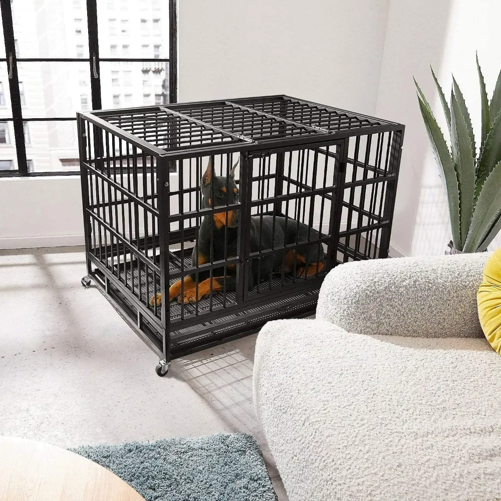 

48/38 Inch Heavy Duty Dog Crate Cage Kennel with Wheels, High Anxiety Indestructible, Sturdy Locks Design, Double Door