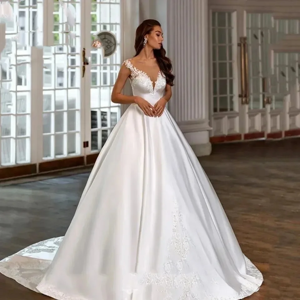 원라이프 맞춤형 단정한 새틴 웨딩드레스 여성 섹시한 V넥 보헤미안 신부 드레스 스윕 트레인 백 버튼 웨딩드레스