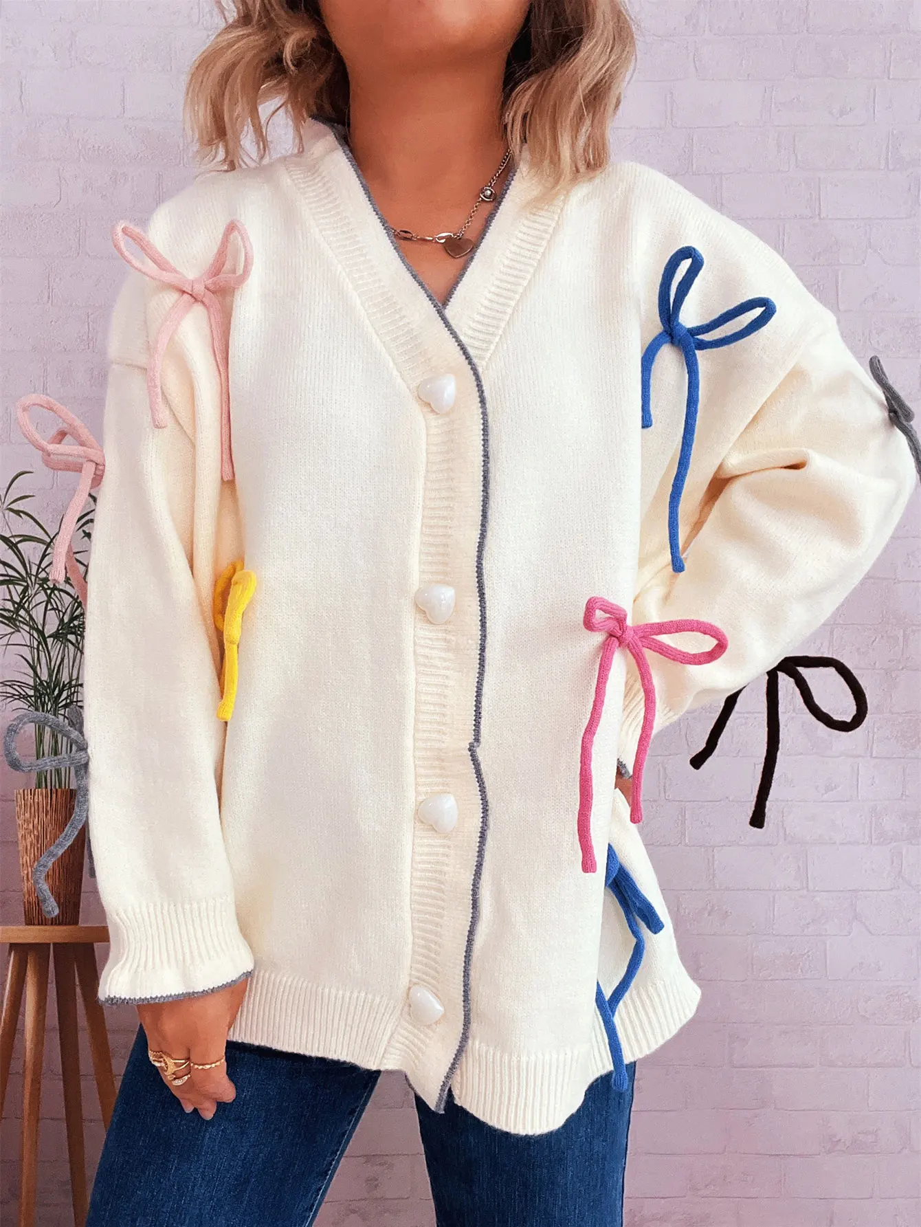 긴 소매 라운드 넥 가디건 가을 겨울 옷 버튼 장식 루즈핏 출퇴근 스타일 여성 오픈 프론트 니트웨어