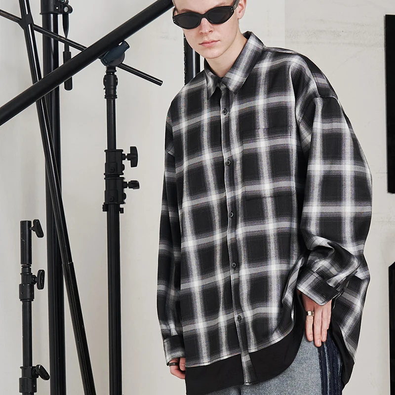 Trendy SEE Brand Loose Long Sleeve Plaid Shirt Shoulder Drop Style Wide Outline Casual Fashion Polyester Men's Shirt