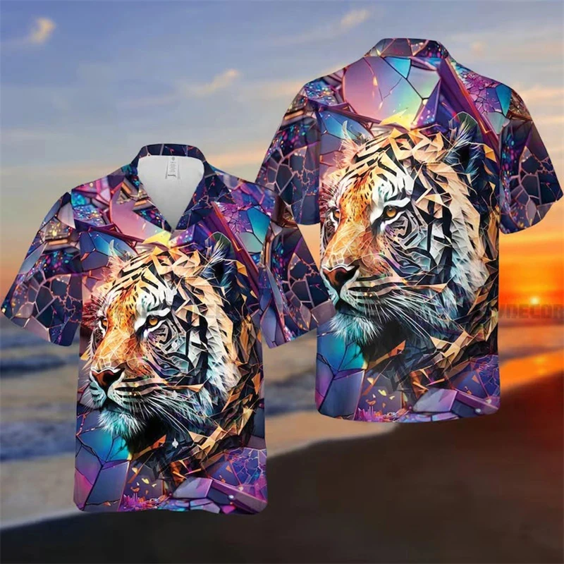 Forest Terror Tiger Print Shirts For Men Clothing Animal 3D Printed Blouses Hawaiian Holiday Party Lapel Camisa Button Tops Male