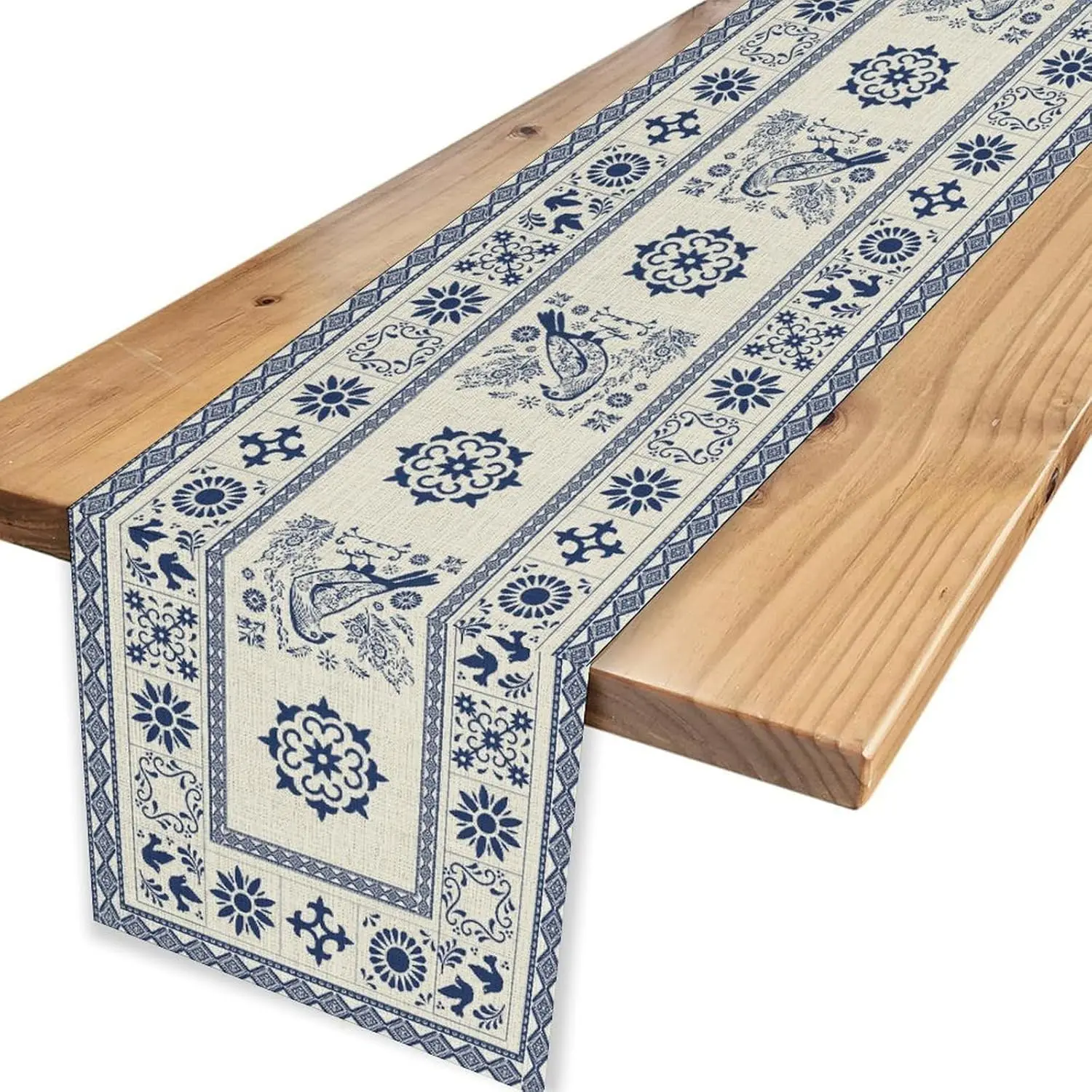 Mexican Blue Floral Birds Linen Table Runner Mexico Talavera Tiles Ceramic Dia De Los Muertos Table Runners Fiesta Party Decor