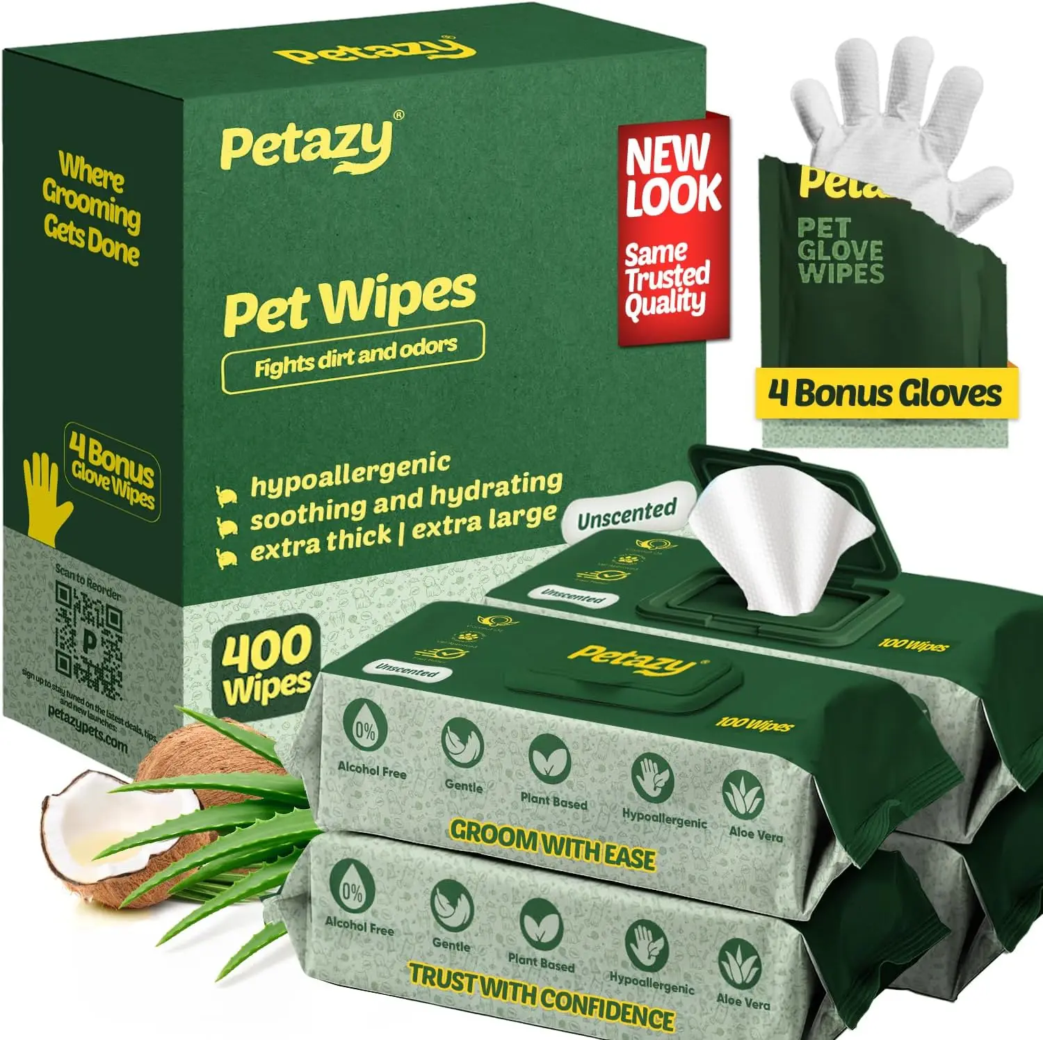 

400 Pet Wipes for Dogs & Cats – Hypoallergenic, Deodorizing XL Wipes with Aloe & Coconut Oil, Unscented
