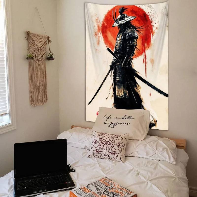 VIKAMA Japanese Samurai Ink Painting Tapestry Red Sun Sumi-e Manga Poster Wall Hanging Bedroom Dorm Otaku Wall Decor