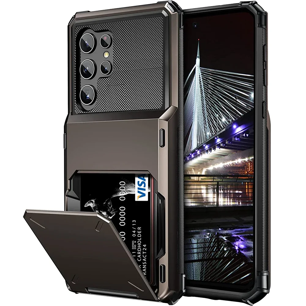 

Для Samsung S25 Edge S24 S23 S22 Ultra S21 Чехол-кошелек с откидной крышкой, держатель для карт, карман, двухслойный защитный жесткий бампер на весь корпус