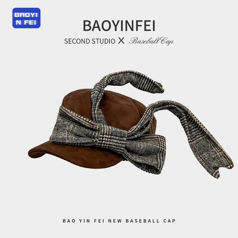 Nischen-Koreanische dreidimensionale Karomuster-Bow-Beret-Mütze, Herbst- und Winter-Modell, personalisierte, warme, literarische Malermütze im britischen Stil für Damen – Detail 4