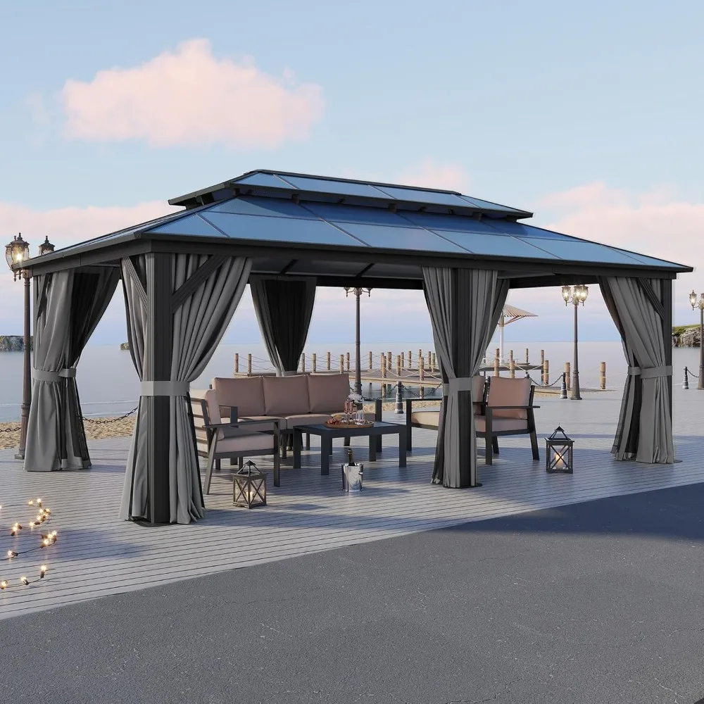 

Hardtop Gazebo,Aluminum Frame Permanent Pavilion w/Curtains and Netting, Outdoor Double Roof Canopy, Designed for Patio,Garden