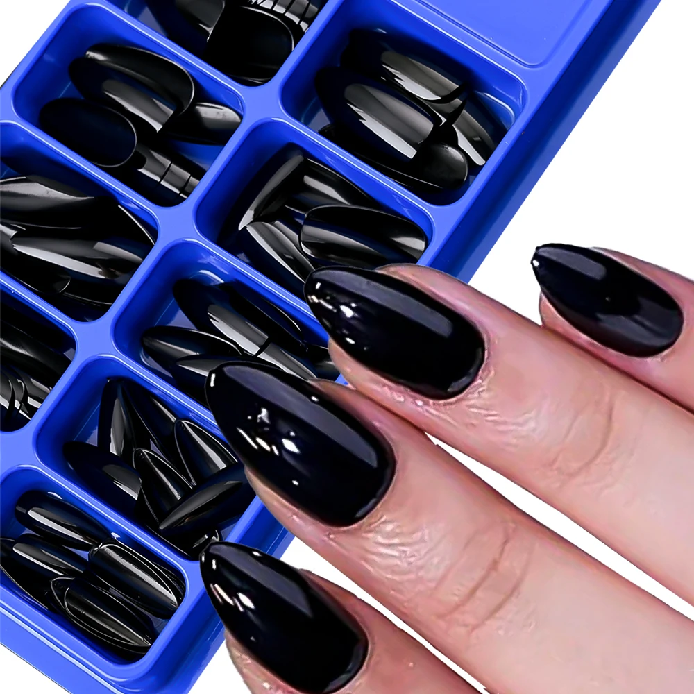 1Box/100pcs Black Fake Nails Solid Color Ballet Almonds Shape Short False Nails Fashionable Retro Black Style Press On Nail Tips