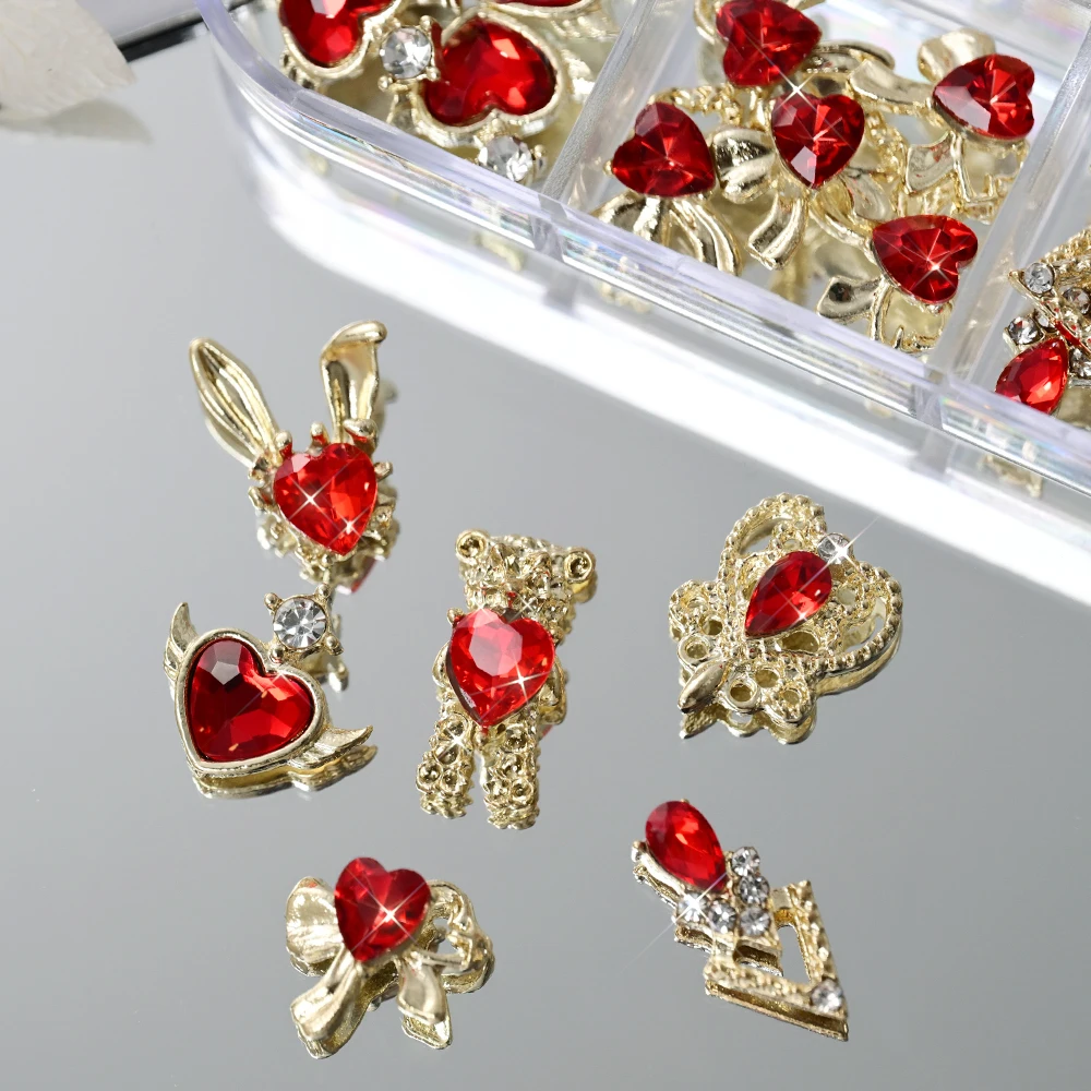 6칸 3D 럭셔리 메탈 합금 하트 지르콘 네일 아트 참 장식품, 홀로그램/리본/곰/토끼 모양, 레드 하트 글라스 라인스톤 네일 데코