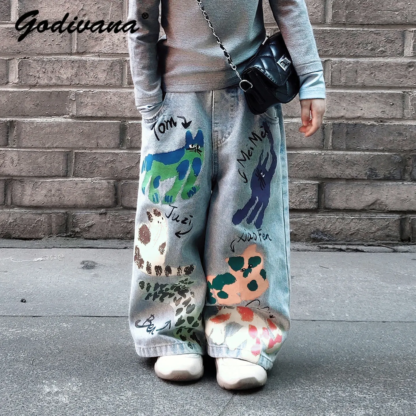 

Детские джинсы для девочек с милым мультяшным принтом, весна 2026, новые, винтажные, модные, с эластичным поясом, прямые, широкие брюки