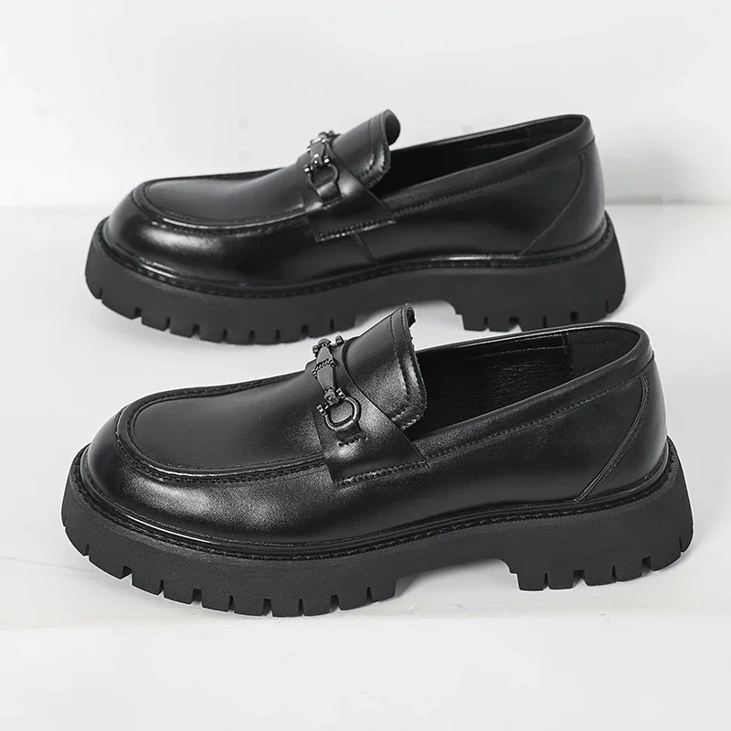 أحذية رجالية من البولي يوريثان برأس مستدير ونعل سميك مريح وغير قابل للانزلاق بإبزيم معدني للديكور كلاسيكي للأعمال الرسمية للرجال