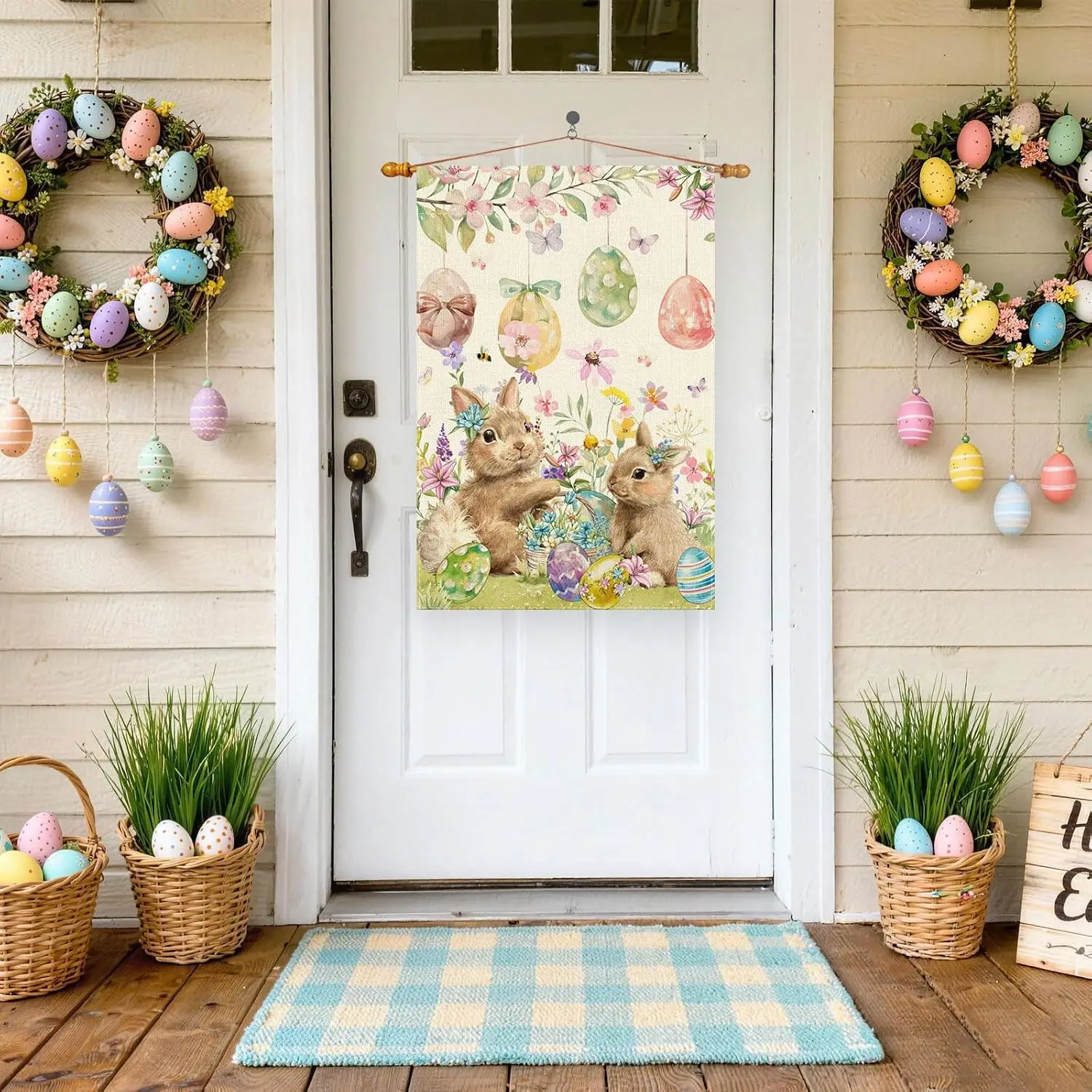Watercolor Cute Bunny Eggs Wildflowers Rabbits Easter House Flag Large 28X40 Inch Big Vertical Double Sided Yard Outdoor Out MMZ
