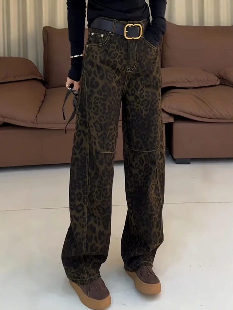 

Colorblock Leopard Temperament Long Pants For Women High Waist Patchwork Pocket Deaigner Jeans Female Fashion New